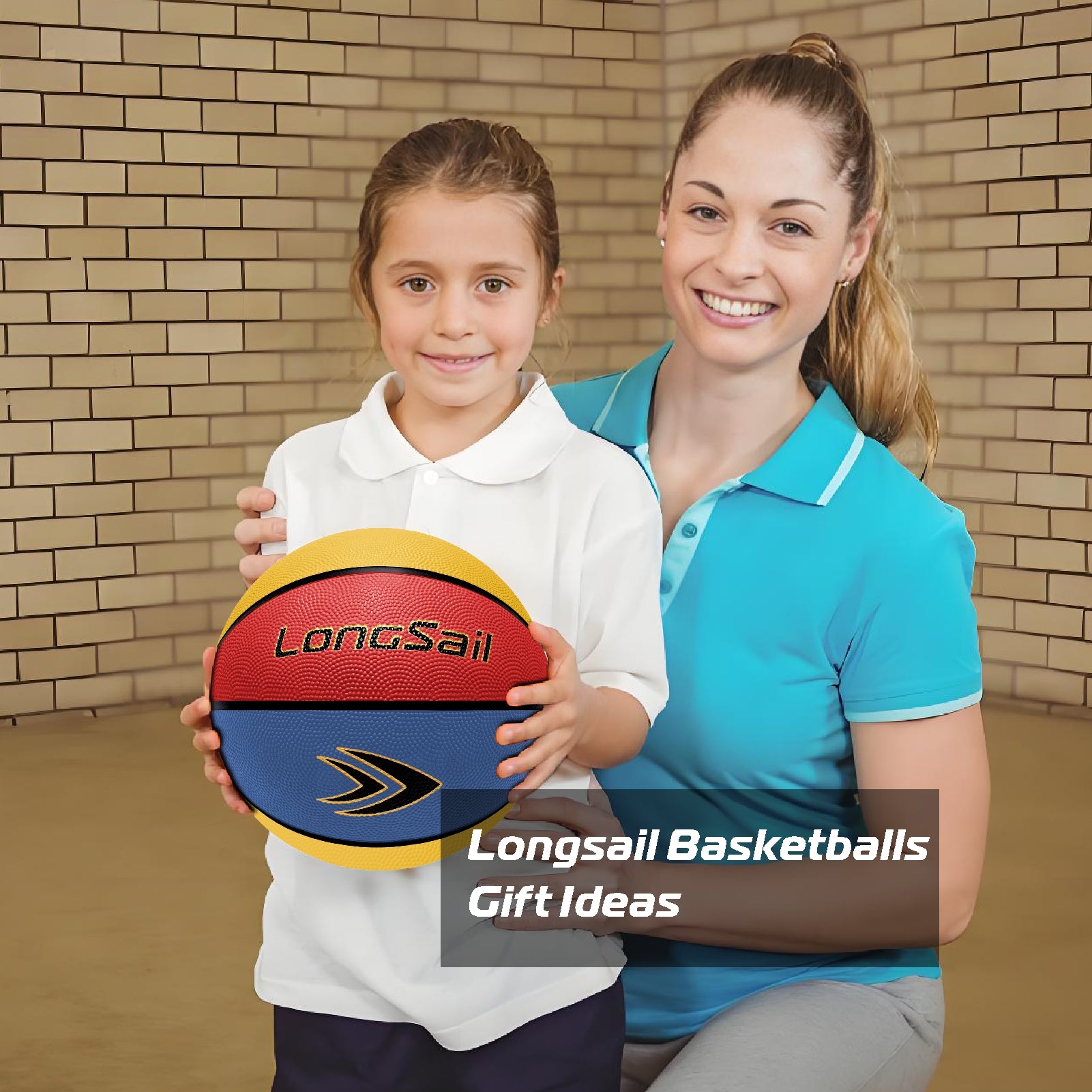 LONGSAIL Ballon de basket-ball en caoutchouc haute qualité (25,5 po), taille 4#, rouge/jaune/bleu