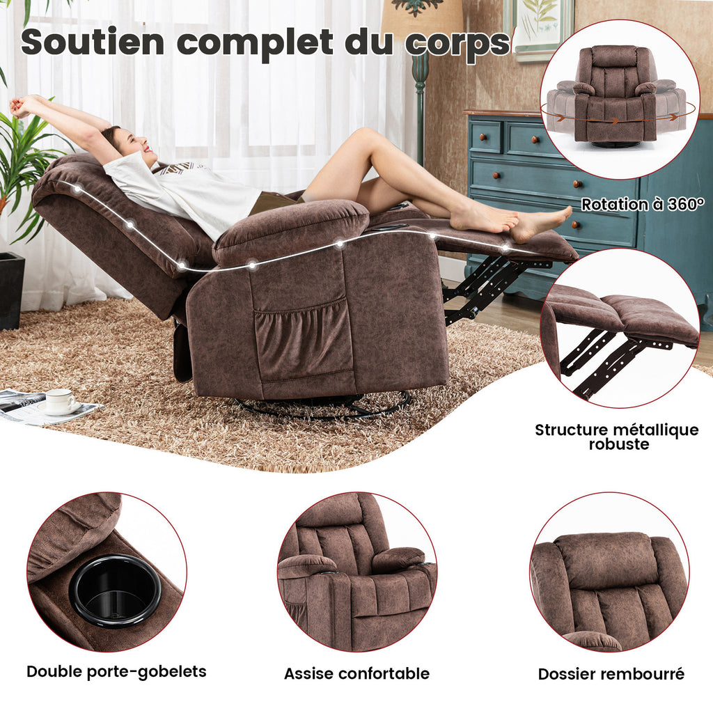 COMHOMA Chaise de relaxation manuelle pivotante pour adultes avec dossier réglable et repose-pieds, chaise de salon 361°, porte-gobelet, poches latérales, tissu doux, ergonomique, marron