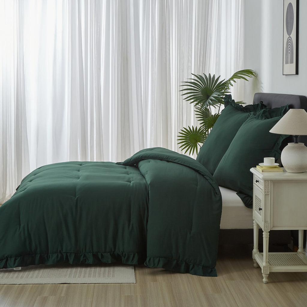 MEEALLHOME Parure de lit vintage à volants vert foncé - 1 housse 135 x 200 cm et 1 taie 80 x 80 cm