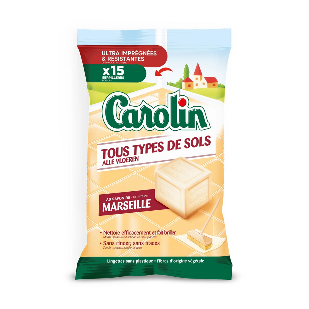 Carolin Lingettes Nettoyantes pour Sol au Savon de Marseille, Sans Rinçage, 15 Lingettes