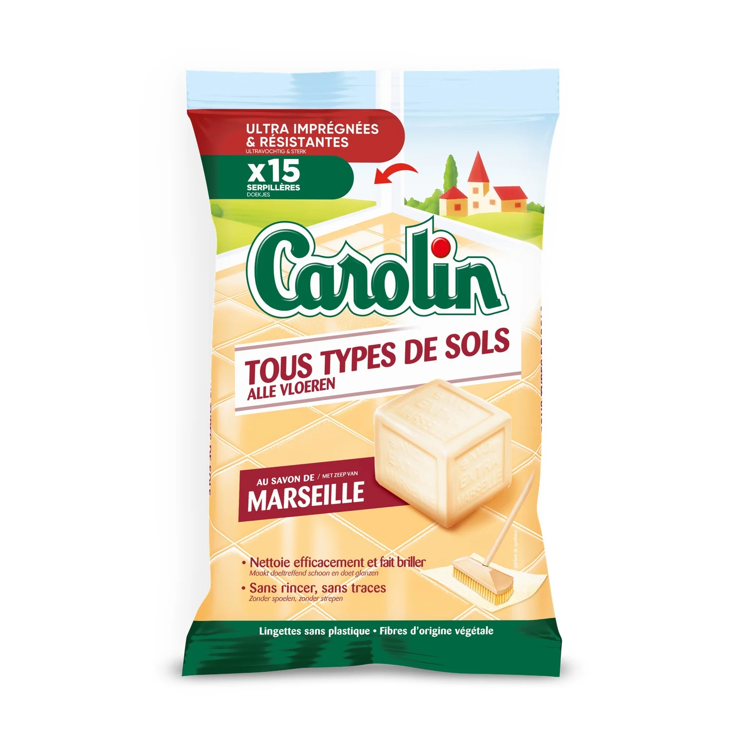 Carolin Lingettes Nettoyantes pour Sol au Savon de Marseille, Sans Rinçage, 15 Lingettes