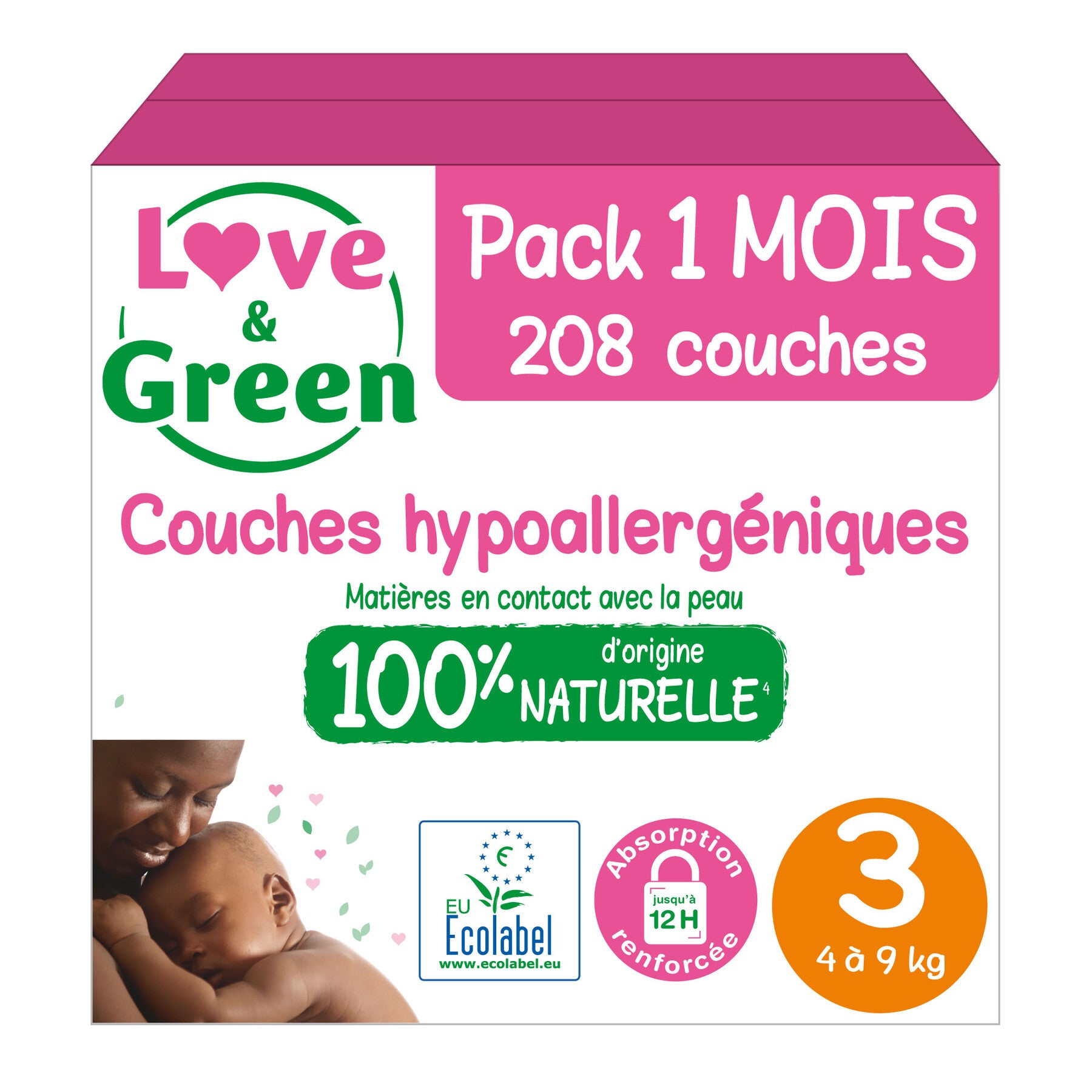 LOVE & GREEN Couches pour Bébé Écologiques Hypoallergéniques Taille 3 4-9 kg - Pack Mensuel de 4 (208 Couches au Total)