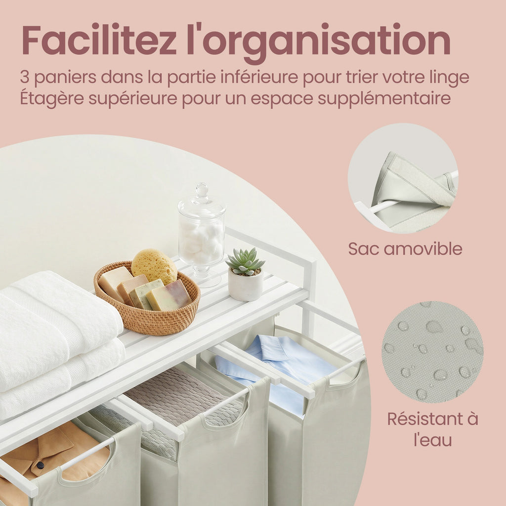 JOYFURNOS Panier à linge, Corbeille à linge à 3 compartiments, Sacs intérieurs coulissants et amovibles, Trieur de vêtements, Cadre en métal, 3 x 40 L, 92,5 x 33 x 72 cm, Blanc crème et blanc mat