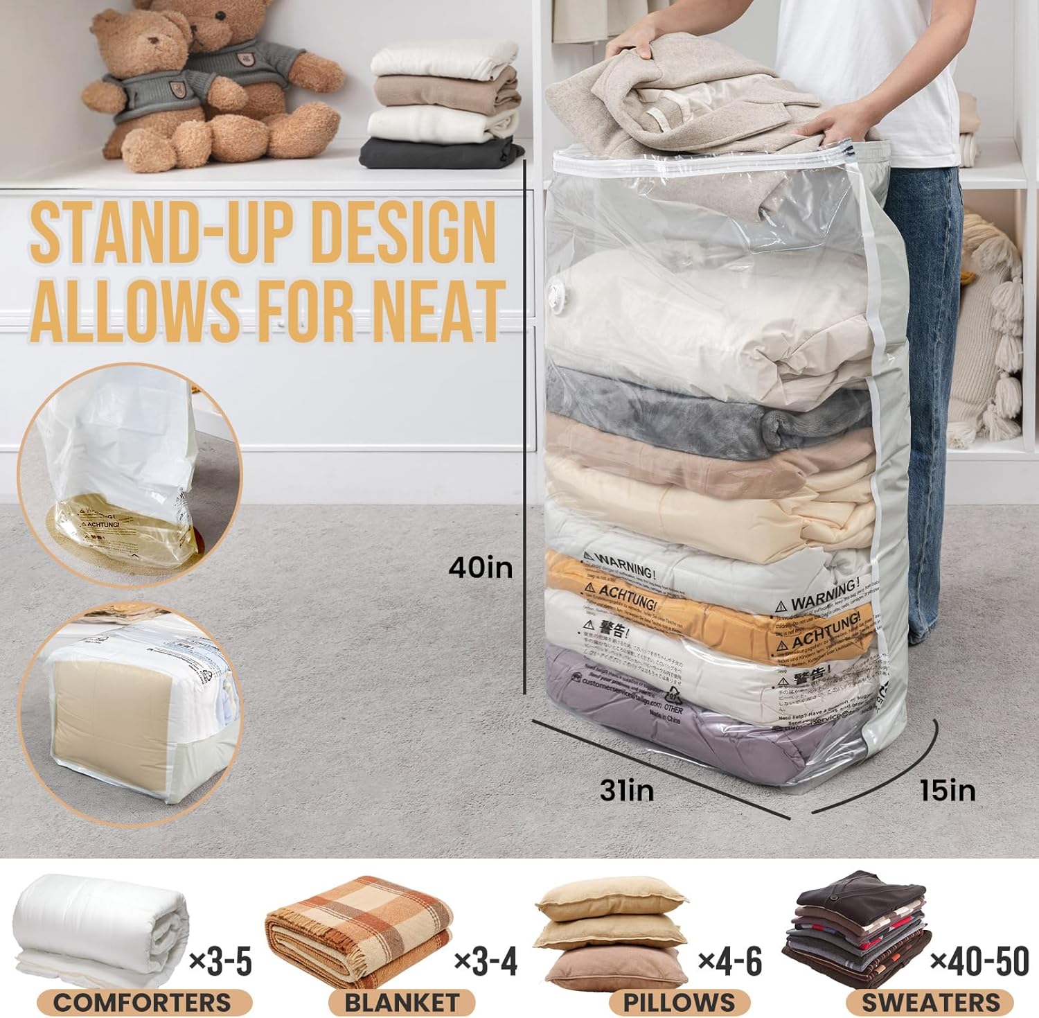 Taili Lot de 6 grands sacs de rangement sous vide cubiques (79 x 102 x 38 cm) pour vêtements, couettes, couvertures, literie - Beige