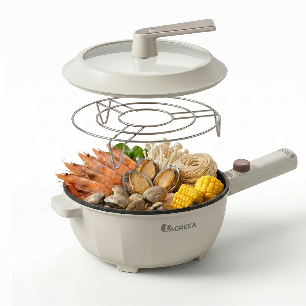IAGREEA Cuiseur à ramen rapide amélioré, marmite électrique multifonction 2,3 L 1600 W, sauteuse antiadhésive avec réglage de puissance pour steak, œuf, riz frit, flocons d’avoine
