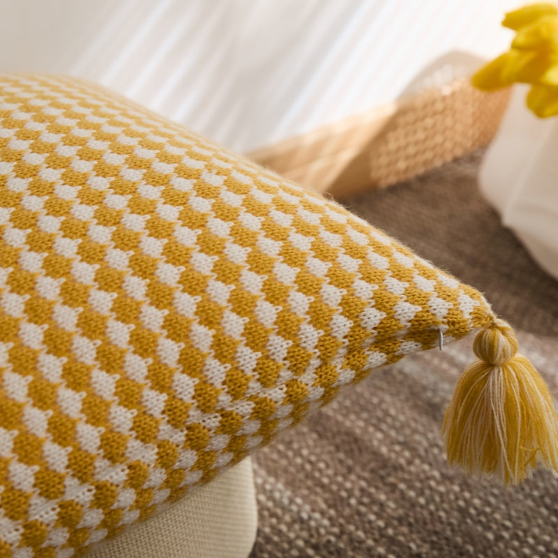 MEROPE, Housse de coussin en acrylique tricoté/gaufré, 50x50 cm, jaune/blanc, 1 pack