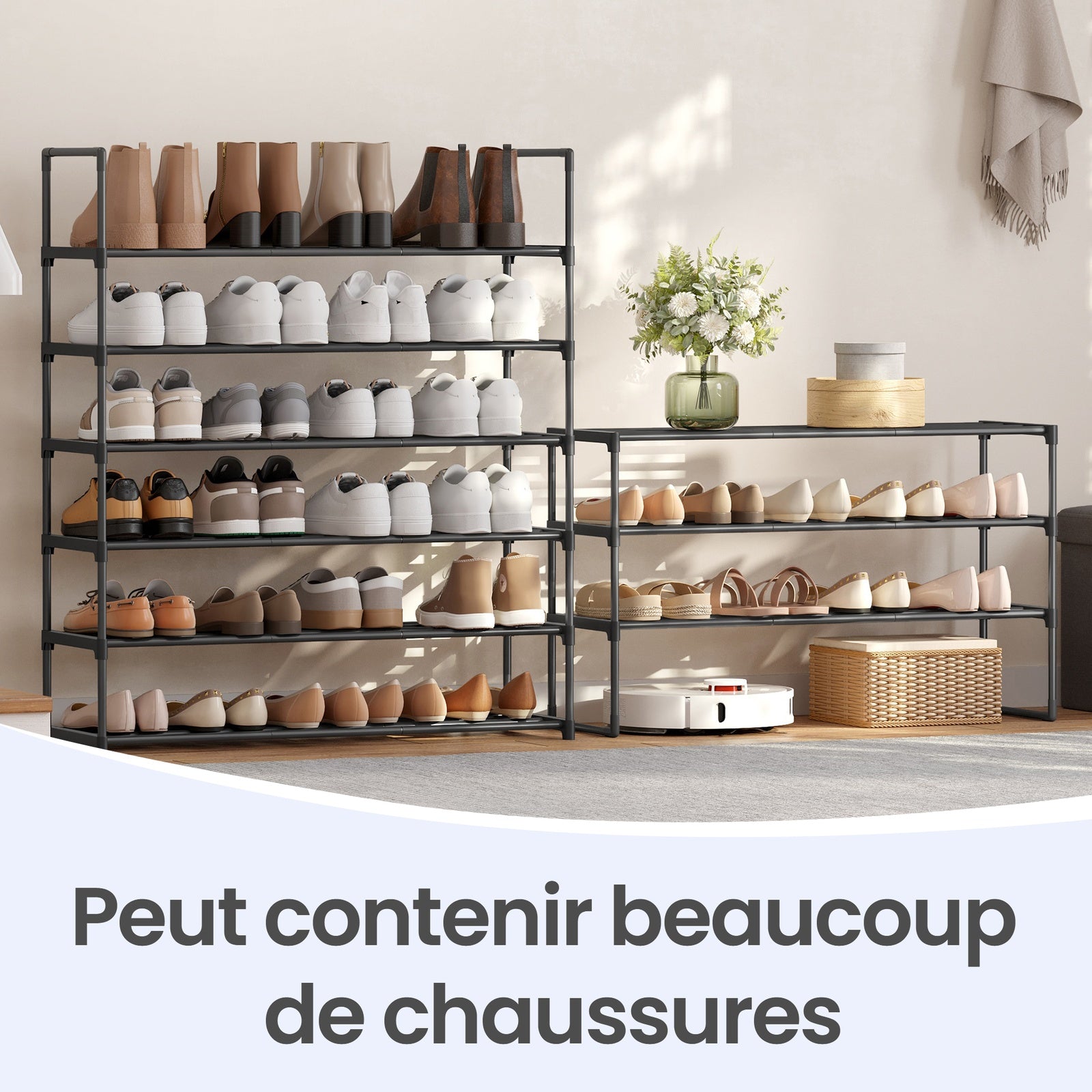 JOYFURNOS Étagère à chaussures en métal 3 niveaux noire – Étroite et empilable, 30 x 92 x 55 cm, Contient 16-20 paires – Organisateur peu encombrant pour entrée, placard ou salon