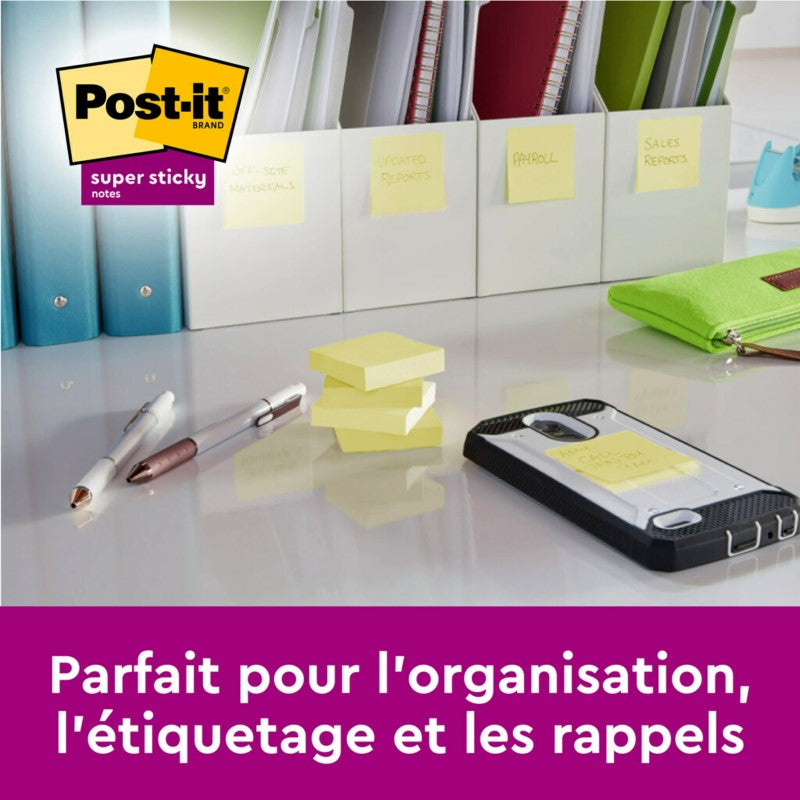Post-it Notes repositionnables super adhésives, Jaune canard, 47,6 mm x 47,6 mm, 90 feuilles/feuille, 12 blocs/lot, Emballage en carton, 100 % PEFC, SGSCH-PEFC-COC-110078