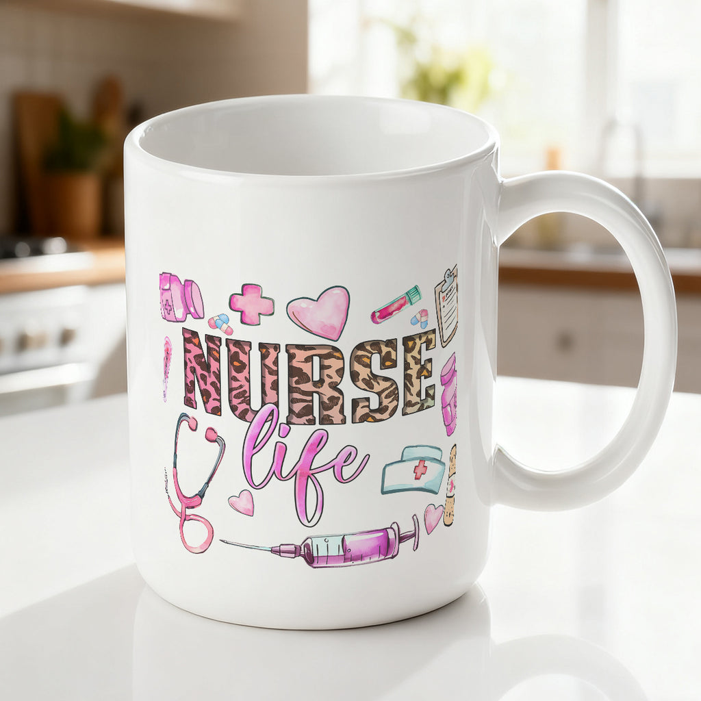 Alphynix Mug en céramique avec citation « Nurse Life », motif léopard et médical - 33 cl