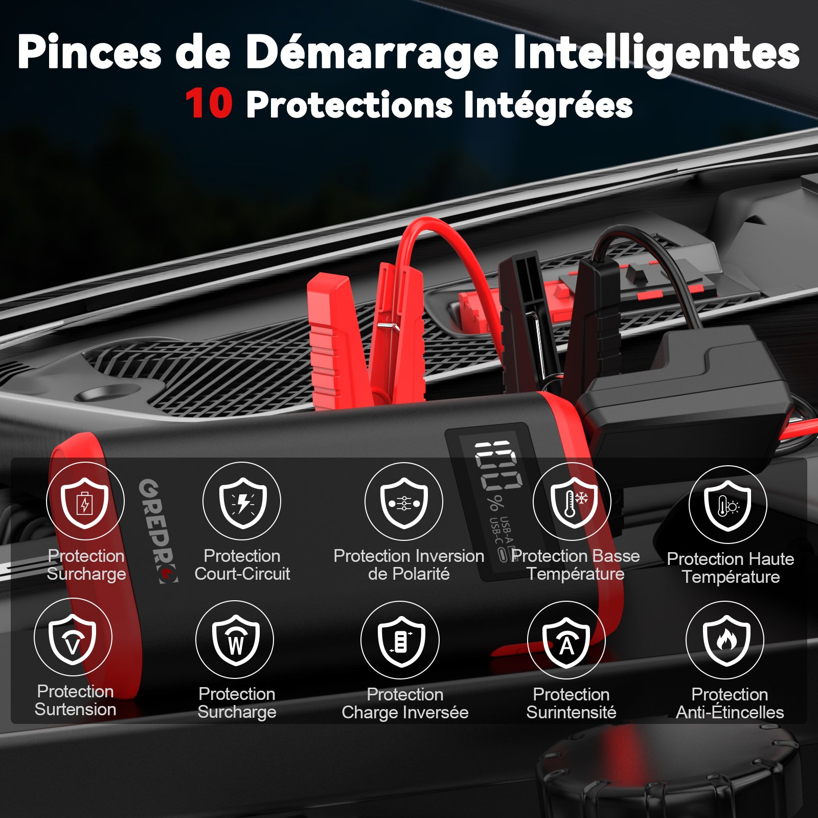GREPRO Booster de Batterie 6000A, Démarreur de Voiture d’Urgence pour Véhicules 12V et Motos (jusqu’à 10,0L Essence / 8,0L Diesel), avec Écran LCD et Lampe Torche LED
