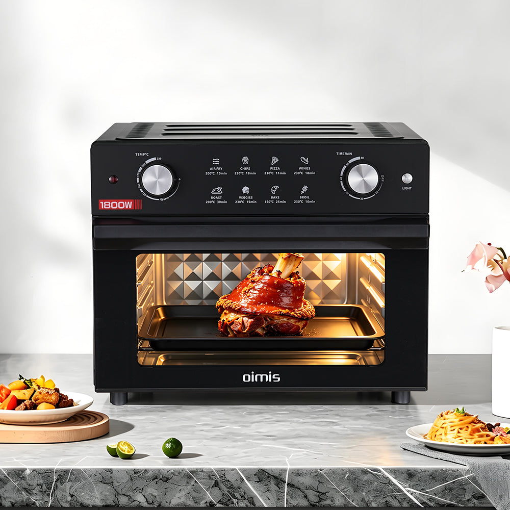 OIMIS Combiné friteuse sans huile et four à chaleur tournante 30 L, format familial, convient pour une pizza de 13 pouces, 1800 W, Noir