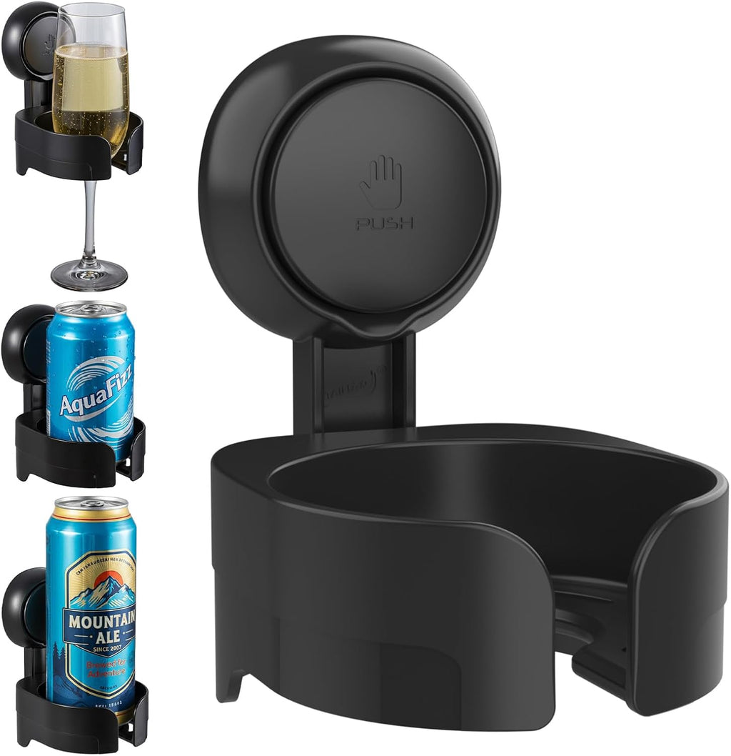 Taili Support de verre à vin à ventouse pour douche, Porte-gobelet de bain mural amovible pour bière, vin, boissons, Pour en profiter au spa, salle de bain, cuisine, etc., Noir