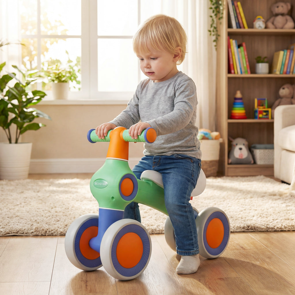 Draisienne pour bébé, siège rembourré réglable, 4 roues silencieuses, sans pédales, vert