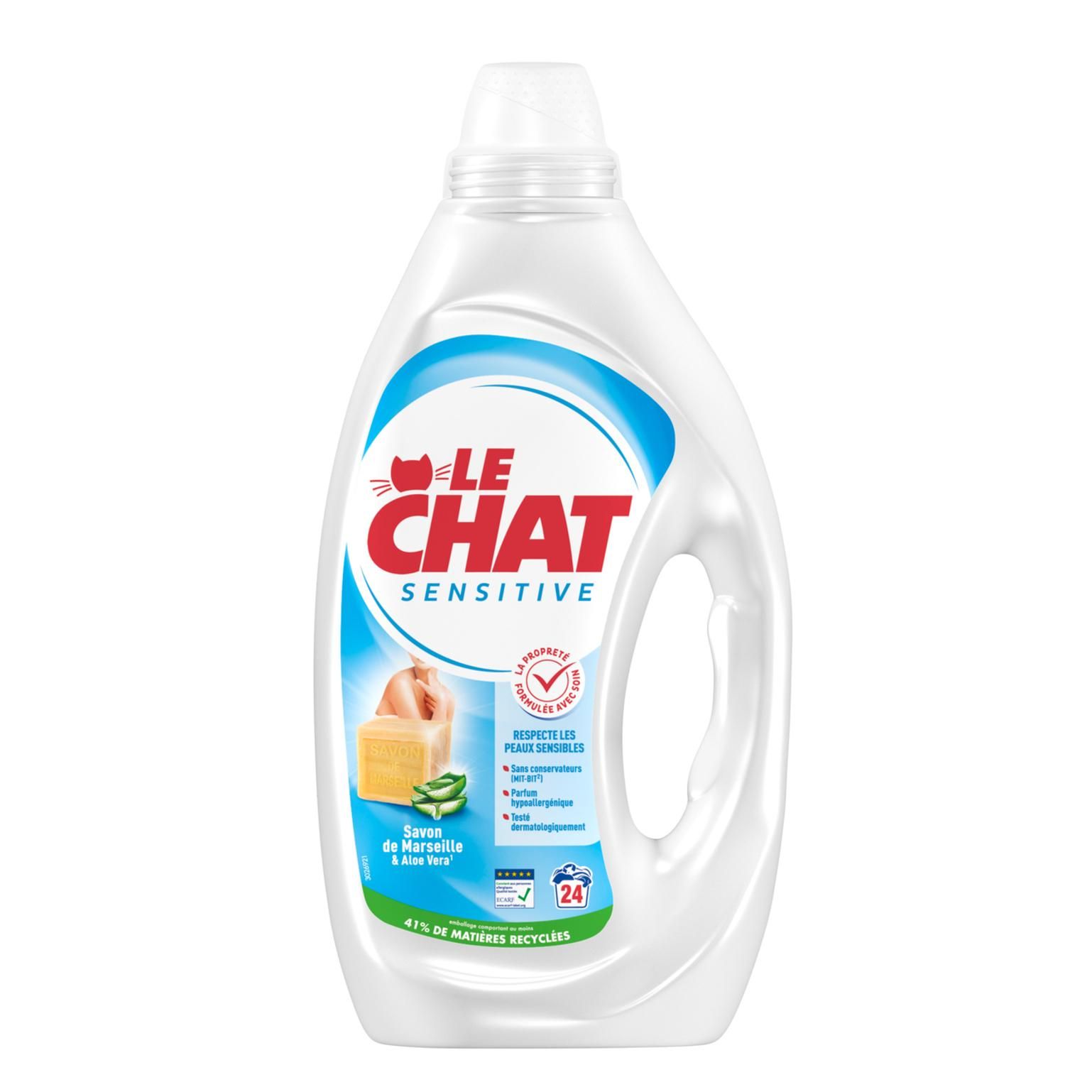 Le Chat Lessive liquide sensible Savon de Marseille & Aloe Vera, Hypoallergénique, 24 lavages, 1,08 L