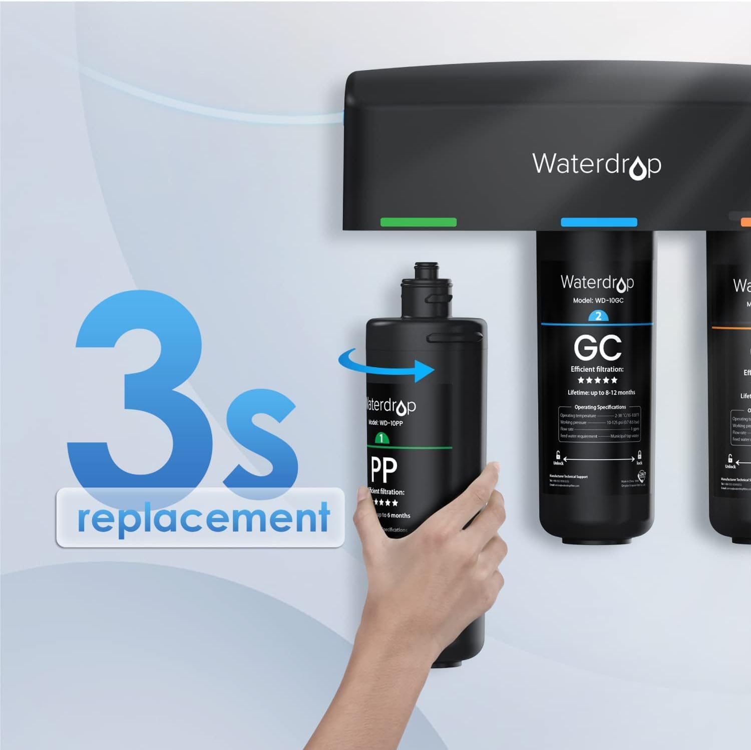 Filtre à Eau Sous Évier Waterdrop WD-10PP Système de Filtration d’Eau de Remplacement TSA 3 Niveaux Système de Filtration d’Eau Sous Évier TSB 3 Niveaux