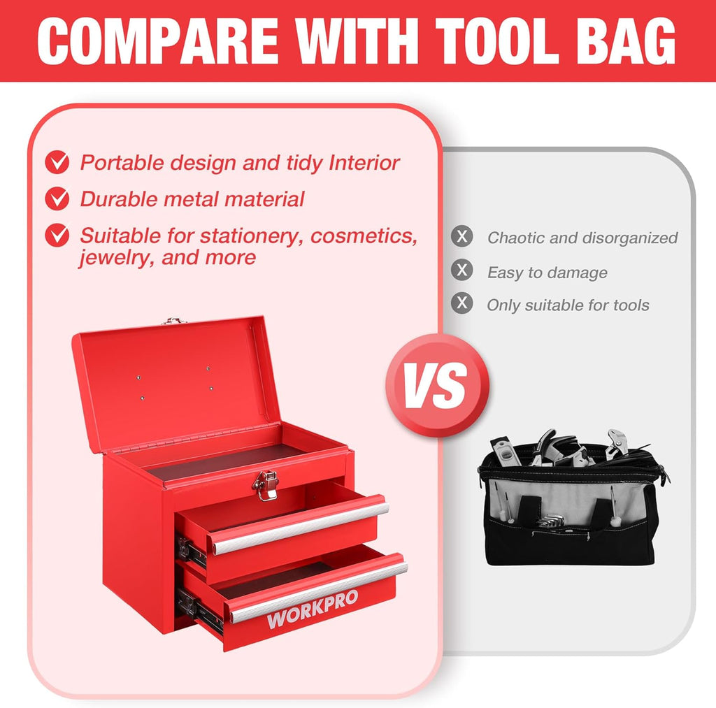 WORKPRO Mini portable, boîte en acier à double compartiment (glissière à rouleaux améliorée, avec serrure et poignée) - Rouge
