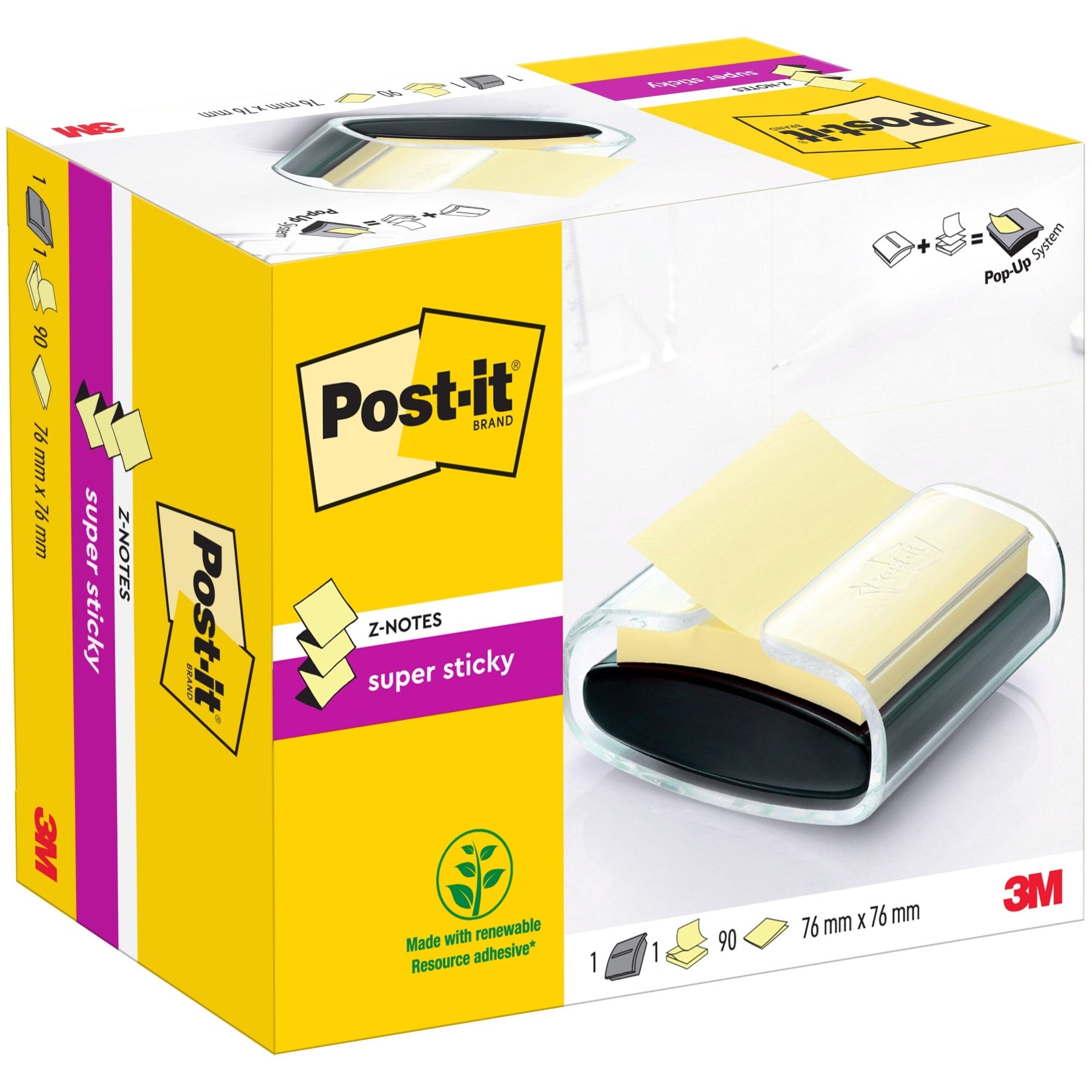 Post-it® Distributeur Z-Notes, PRO, Noir + Post-it® Z-Notes ultra adhésifs, Jaune canard, 76 mm x 76 mm, 90 feuilles/feuille, 1 feuille/lot