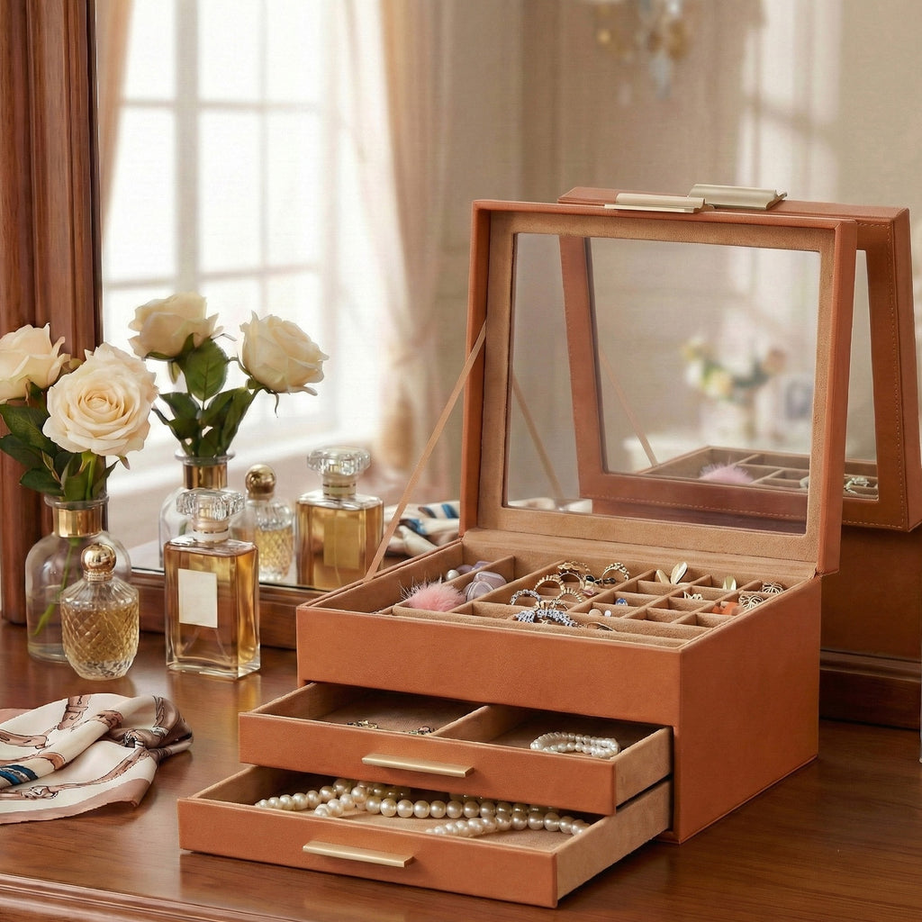 JOYFURNOS Boîte à Bijoux avec Couvercle en Verre, à 3 Niveaux, 2 Tiroirs, Marron et Doré