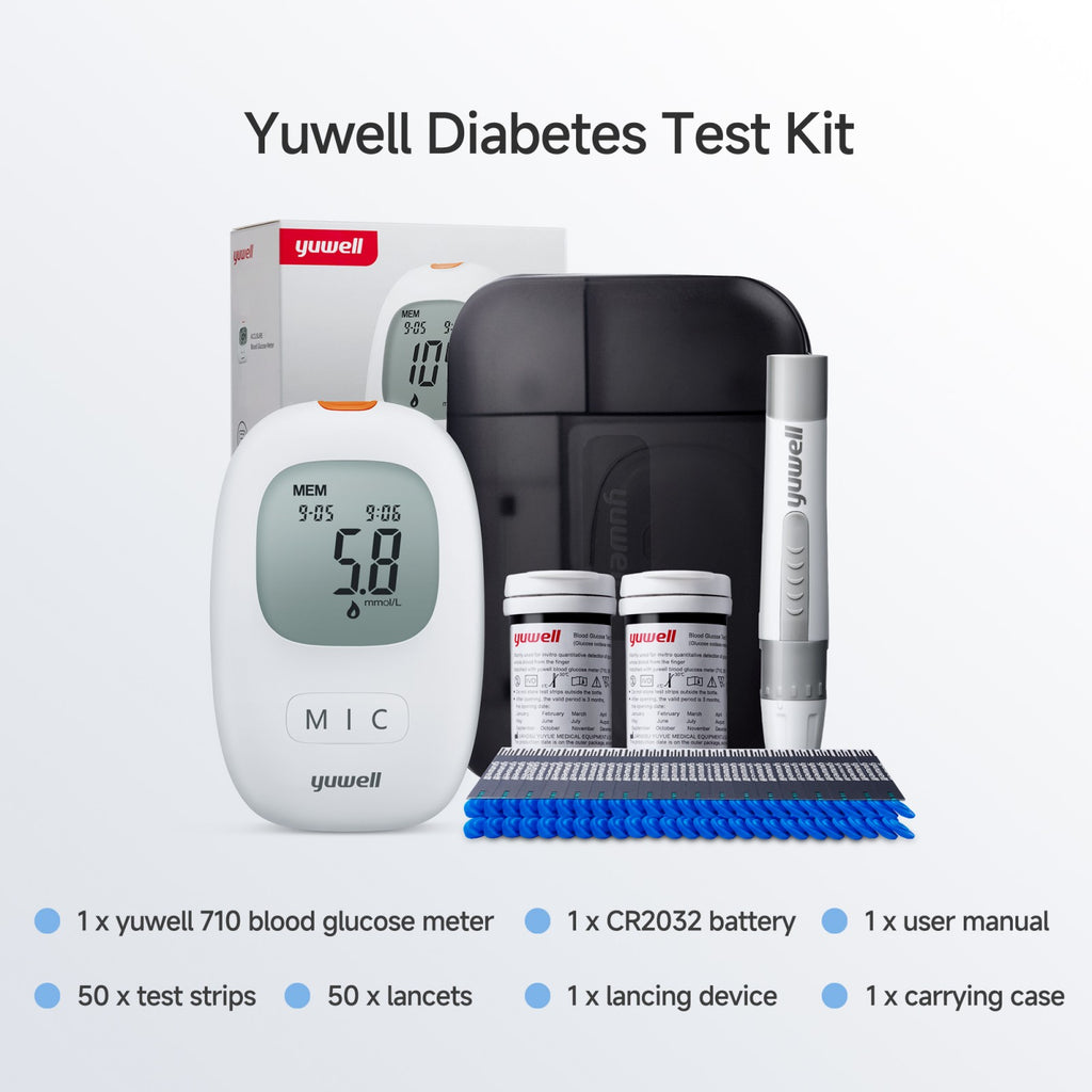 yuwell Moniteur de glycémie, Kit de test de diabète avec bandes de test x 50 et aiguilles x 50, Idéal pour un usage domestique piles incluses (Modèle 710)
