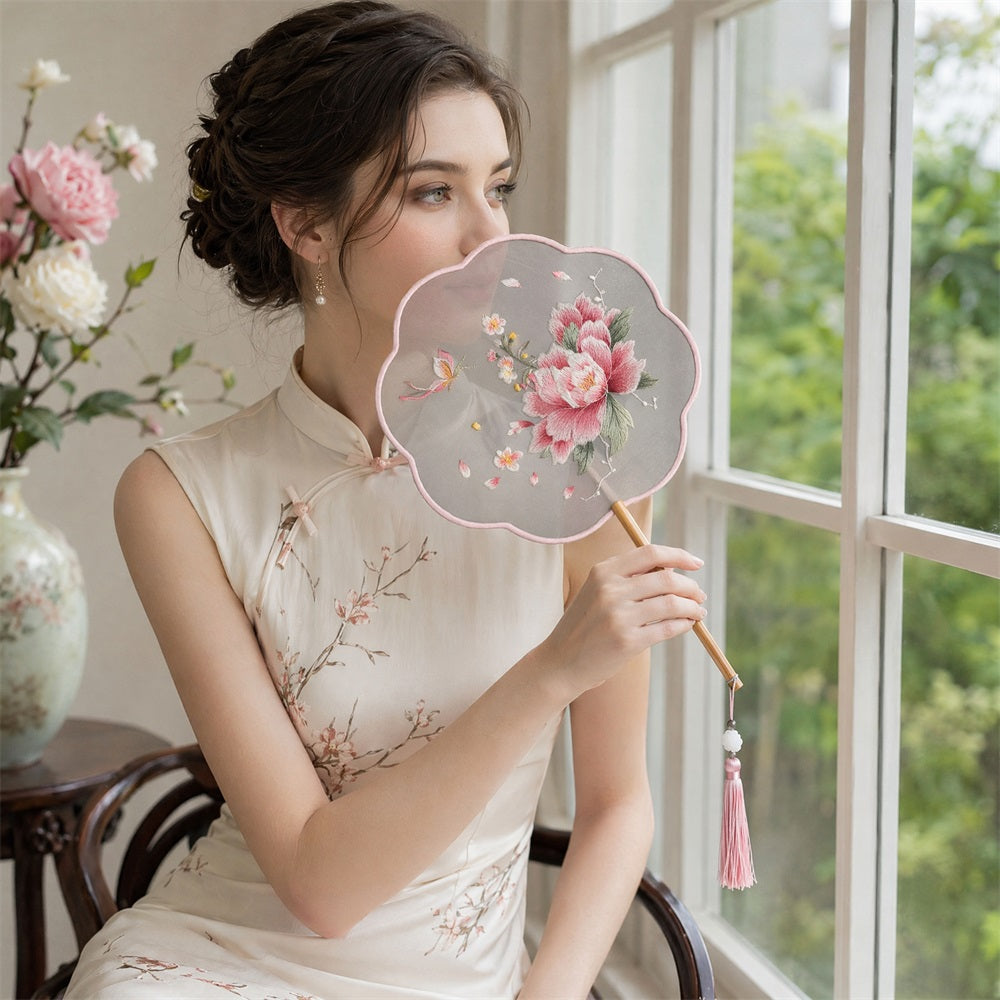 Huacan Style chinois Broderie Su Broderie double face Ventilateur brodé, Style ancien Hanfu Ventilateur de savoir-faire classique, Accessoire de voyage en plein air Danse Cheongsam Pivoine Ventilateur de fée 1 pc