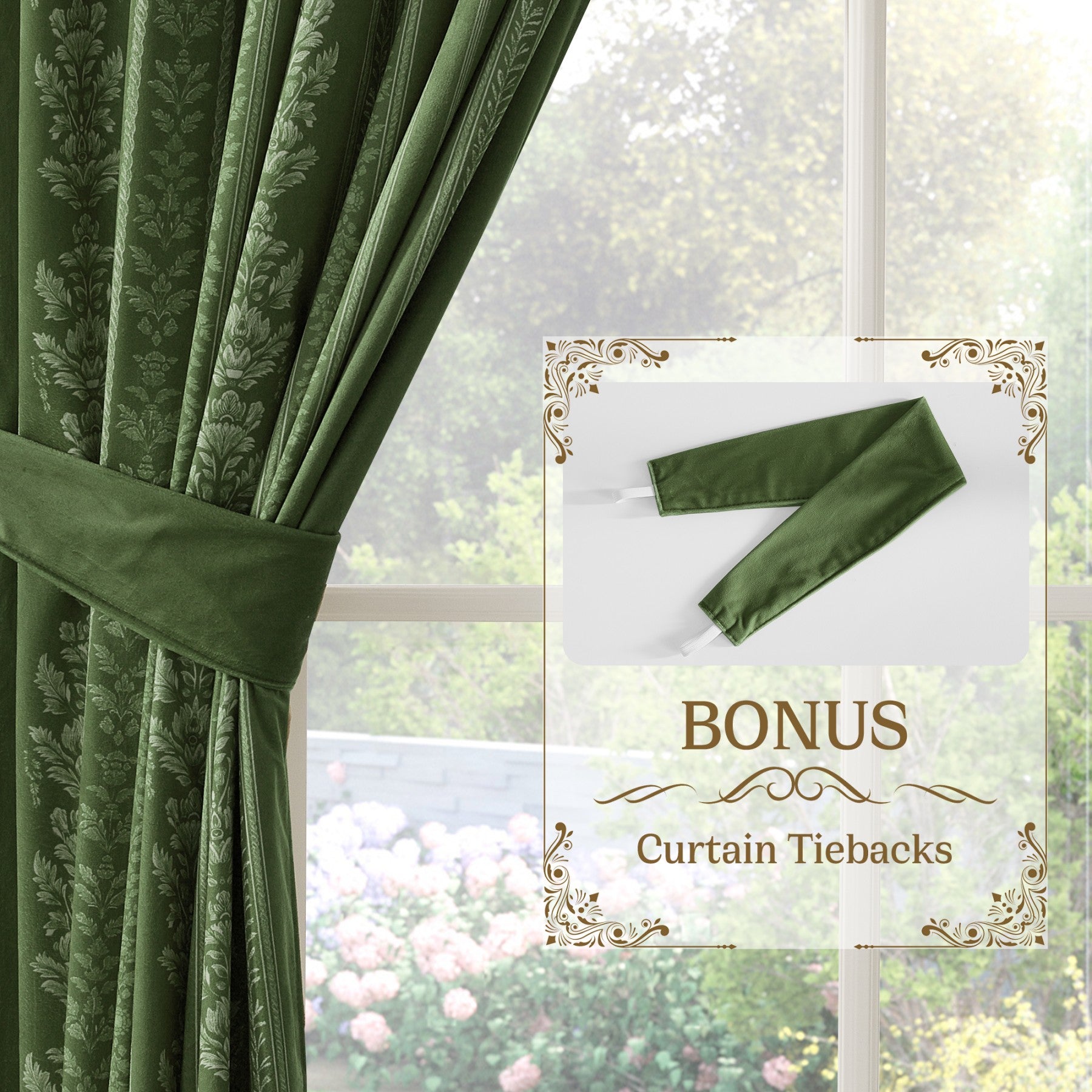 PONY DANCE Rideaux en Velours Rayés et à Motifs Floraux à Lanières Arrière, Rideaux Occultants Isolants Thermiques de Luxe Classiques pour Salon Chambre, 2 Panneaux, L 127 x H 245 cm, Vert