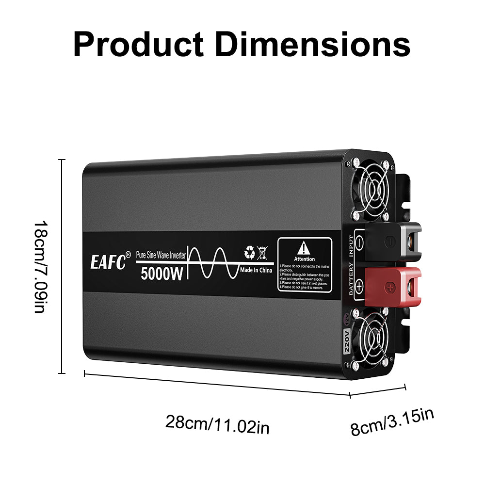 EAFC Convertisseur de puissance amorphe 5000 W à onde sinusoïdale pure (pic 5000 W / puissance nominale 2500 W) – Convertisseur de voiture 12 V CC vers 220 V CA avec prise universelle