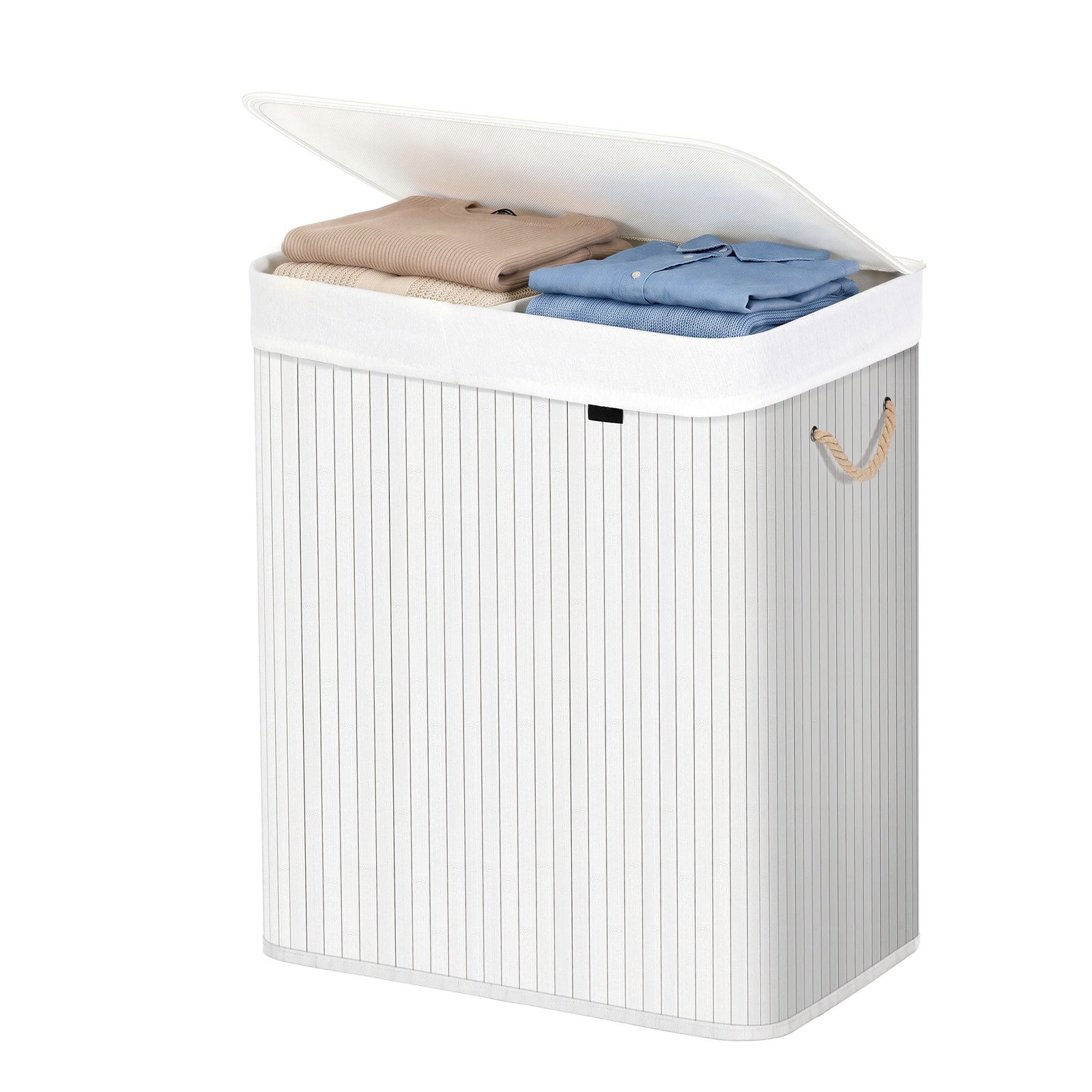 JOYFURNOS Grand Panier à Linge en Bambou, Panier à Linge Pliable à 2 Compartiments avec Couvercle, Blanc