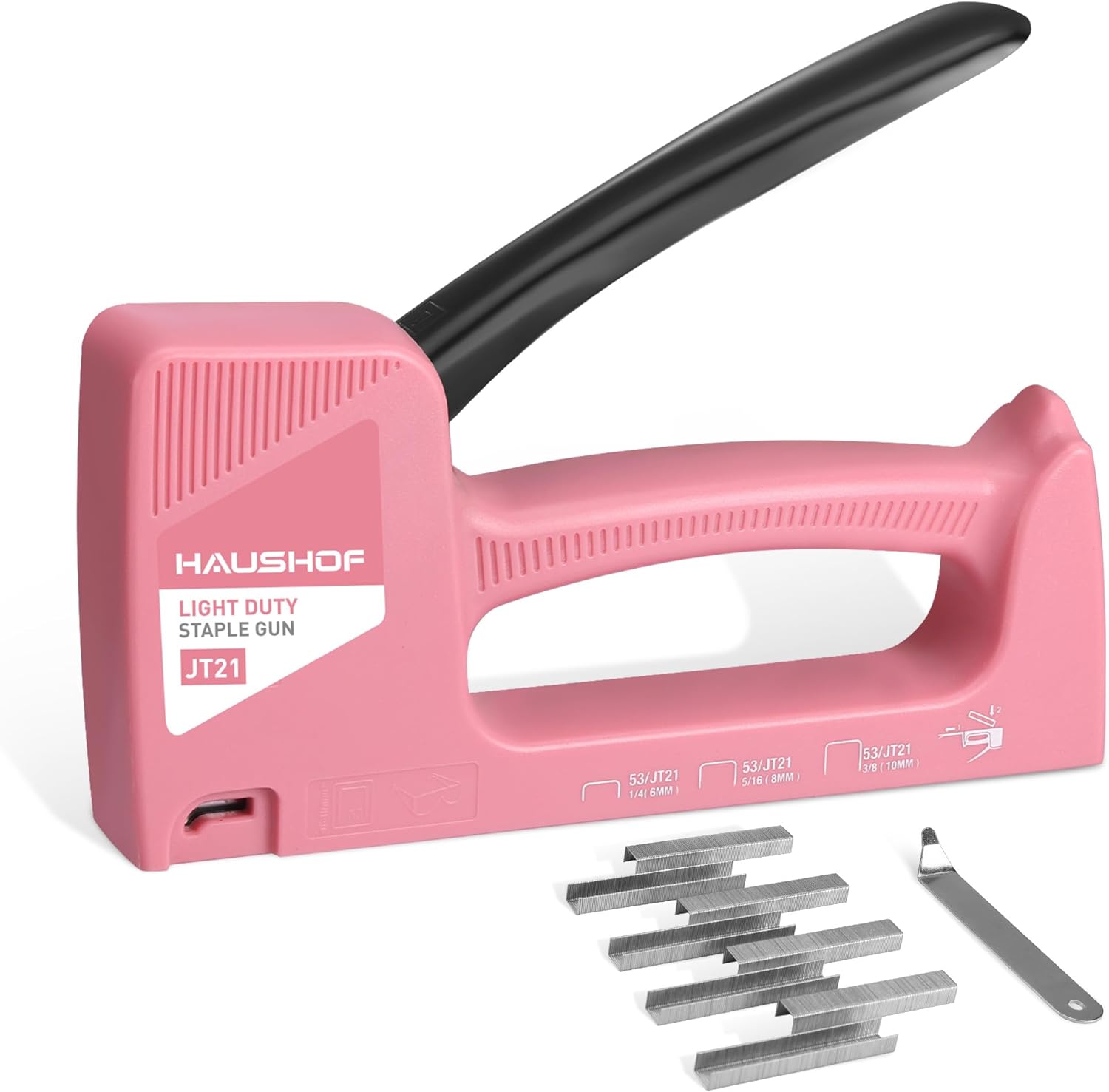 HAUSHOF Agrafeuse manuelle rose pour tapisserie, agrafeuse à bois pour agrafes type 53, avec 800 agrafes 8 mm et extracteur d'agrafes pour bois, tissu, meubles