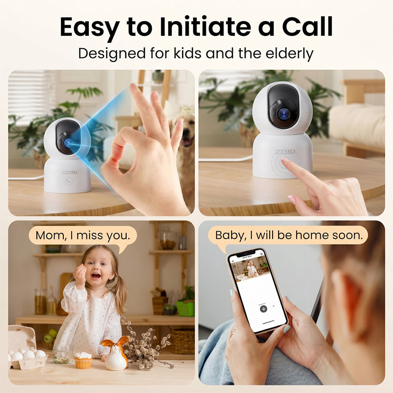 ZOSI Caméra de sécurité intérieure Wi‑Fi 4 MP, caméra pour animaux/babyphone, suivi automatique des personnes et des animaux, surveillance 360° avec application, audio bidirectionnel