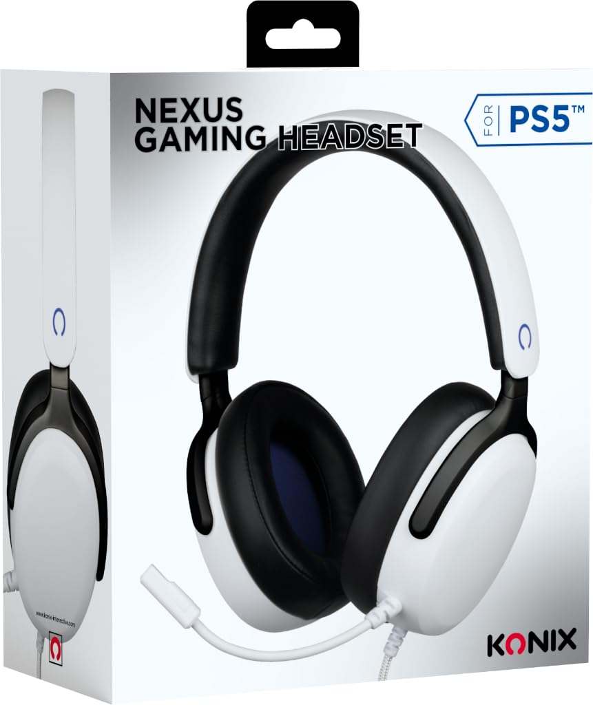 Konix Casque gaming circum-aural filaire Nexus pour PS5 - Haut-parleurs 40 mm - Microphone flexible - Connexion Jack 3,5 mm - Câble 1,5 m - Blanc