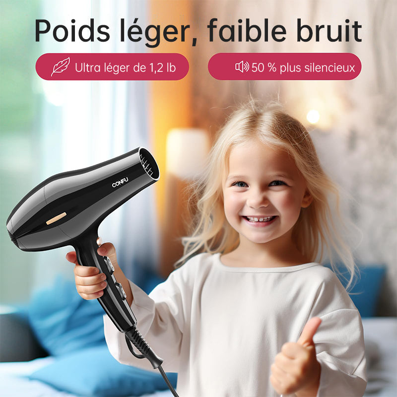 CONFU Sèche-cheveux haute vitesse 8926 Noir, 19 000 tr/min, puissance longue durée 2300 W, deux embouts d'air