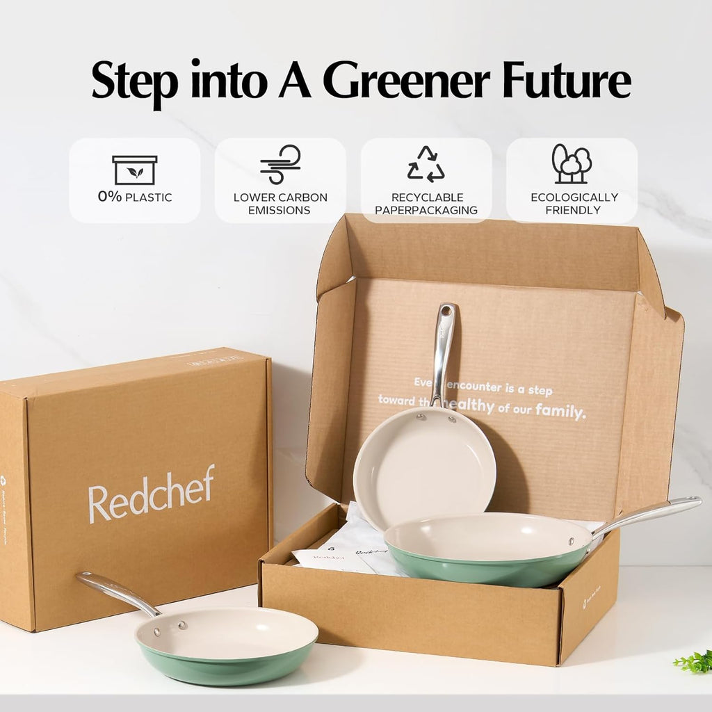 Redchef Gemstone Série Aluminium II Set de Poêles à Frire en Céramique 3 Pièces, Extérieur Vert et Intérieur Beige