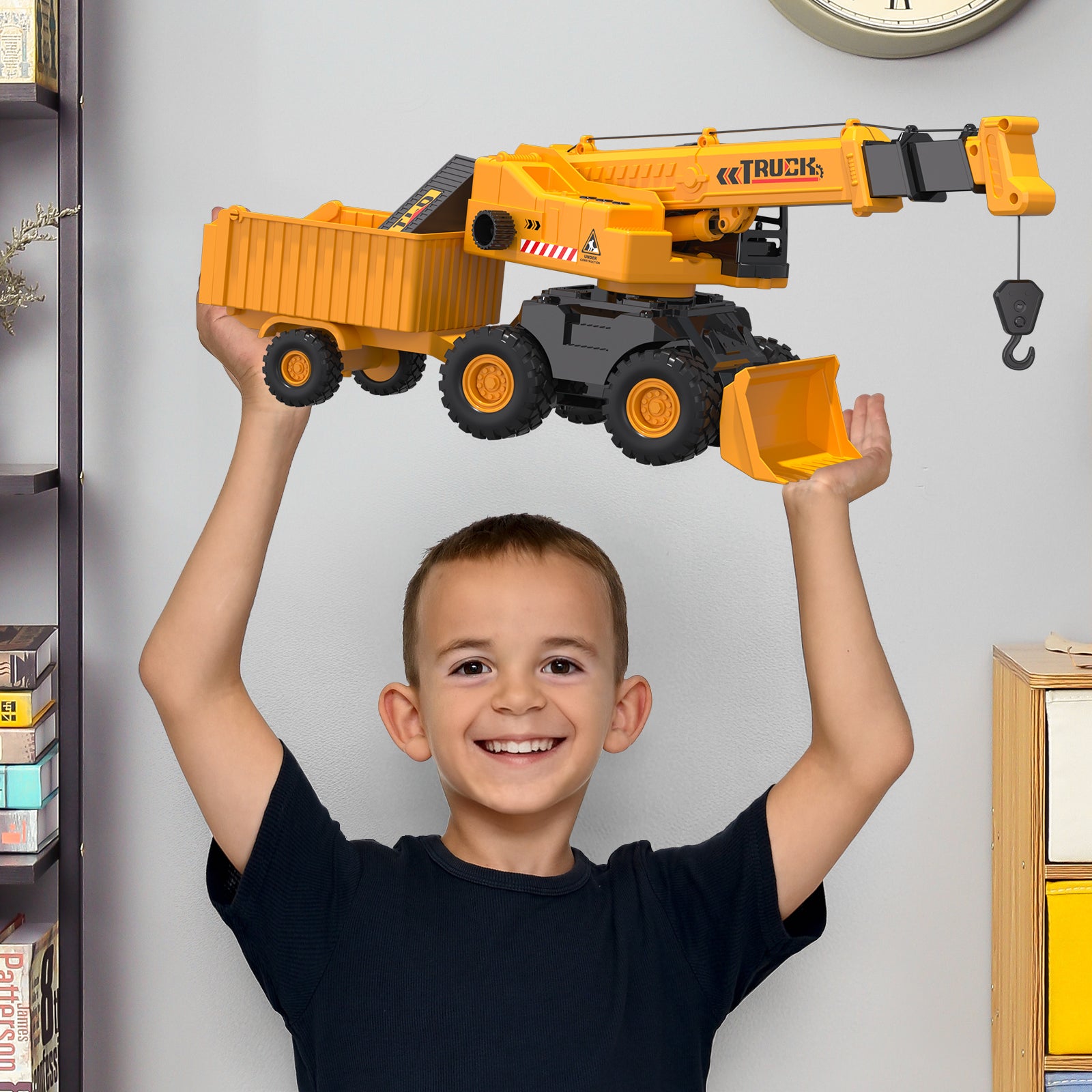 Jouet de camion grue de construction pour tout-petits, véhicule d'ingénierie 5 en 1 avec bras extensible, crochet de levage, remorque basculante et pelleteuse