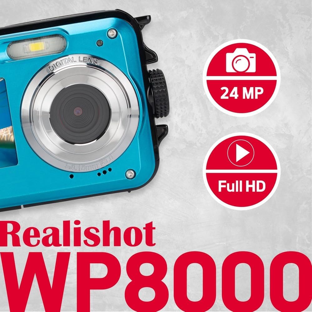 AGFAPHOTO Appareil photo numérique compact étanche 24 MP zoom numérique 16 x double écran - Bleu
