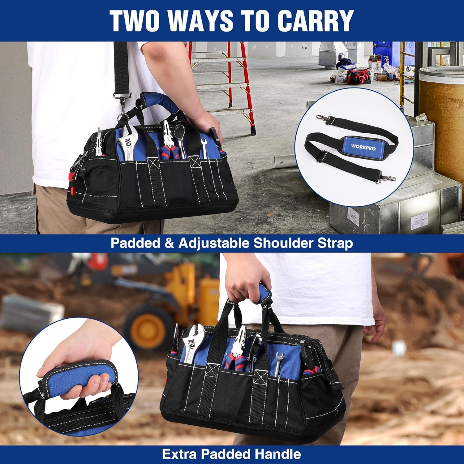 WORKPRO Sac à Outils 16 Pouces, Sac à Outils Robuste Multi-Poches avec Base Rigide en Plastique Imperméable, Sac à Outils Électromécanicien Robuste à Ouverture Large avec Bandoulière Réglable