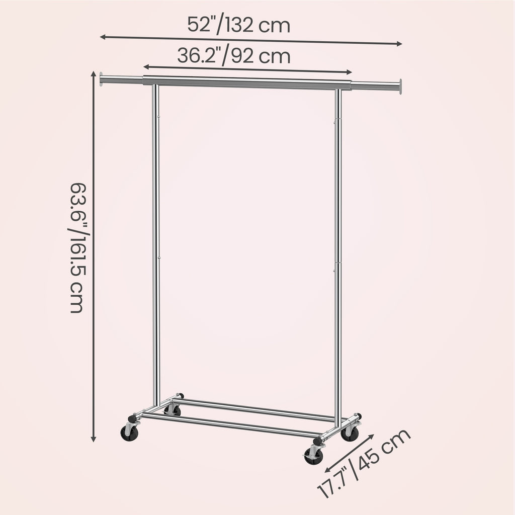 JOYFURNOS Portant à Vêtements sur Roulettes, Tringle à Vêtements Robuste, 45 x (92-132) x 161,5 cm, avec Tringle Extensible, Capacité de Charge 100 kg, Portable, Argent