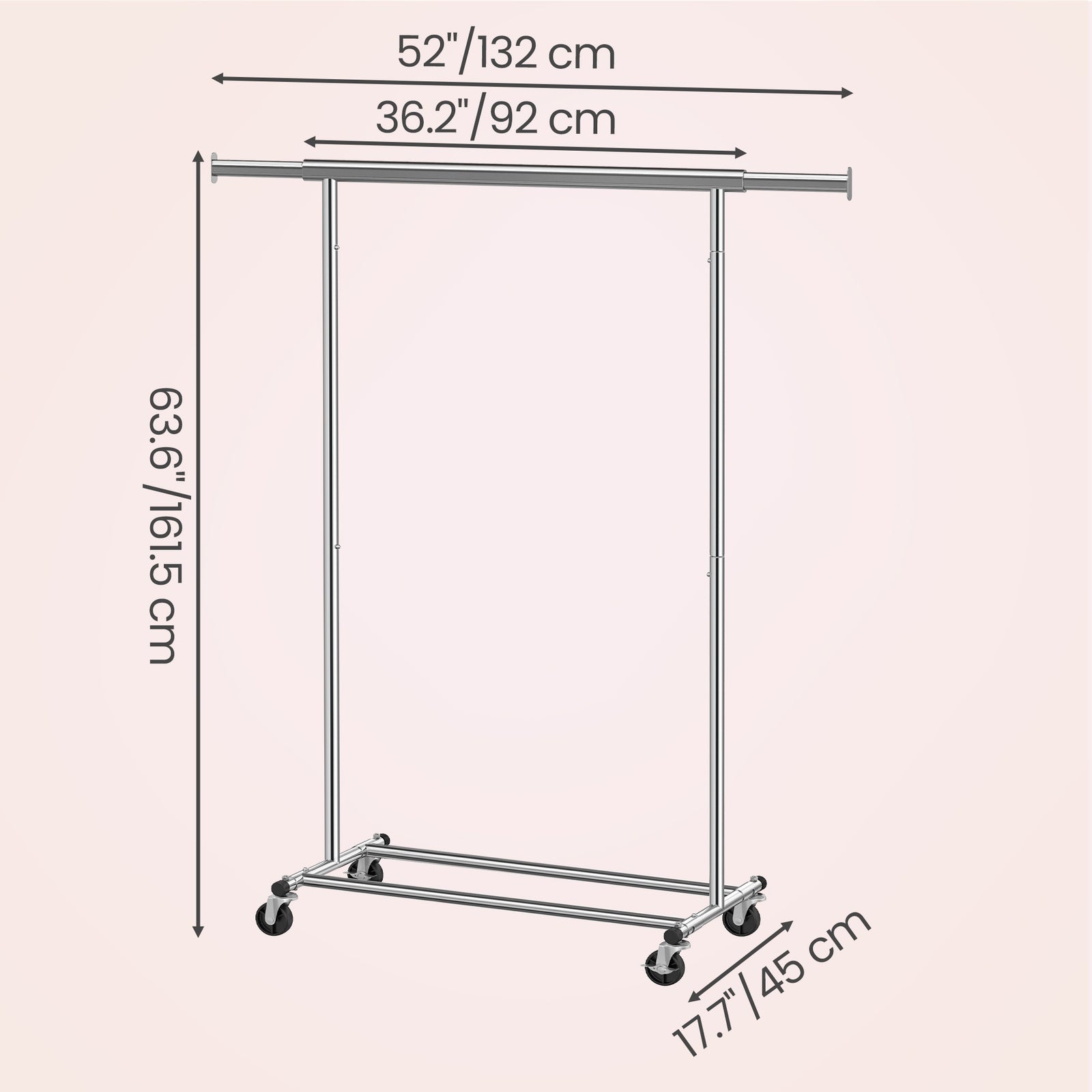 JOYFURNOS Portant à Vêtements sur Roulettes, Tringle à Vêtements Robuste, 45 x (92-132) x 161,5 cm, avec Tringle Extensible, Capacité de Charge 100 kg, Portable, Argent