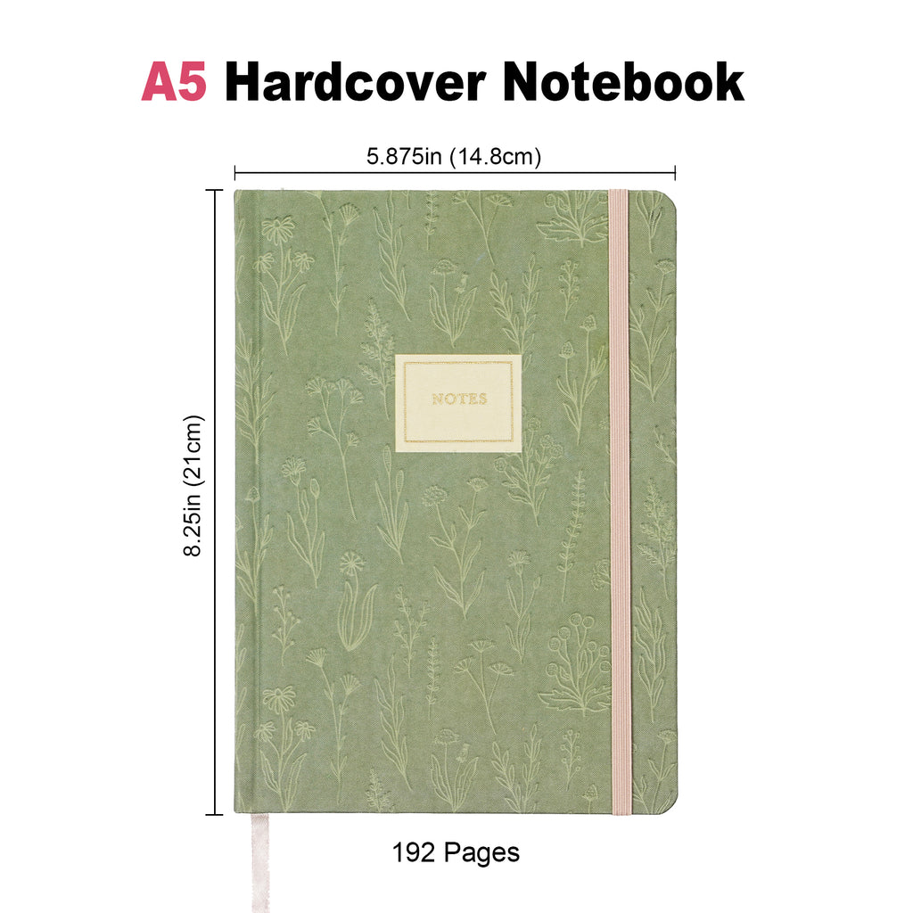 Jubiluu Carnet ligné A5 à couverture rigide en tissu floral - 96 feuilles (papier offset 100 g), Marque-page et élastique - Journal ligné crème classique pour écriture, école