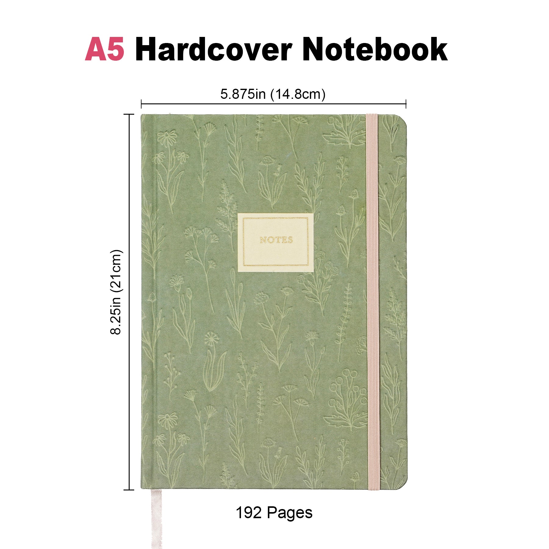 Jubiluu Carnet ligné A5 à couverture rigide en tissu floral - 96 feuilles (papier offset 100 g), Marque-page et élastique - Journal ligné crème classique pour écriture, école