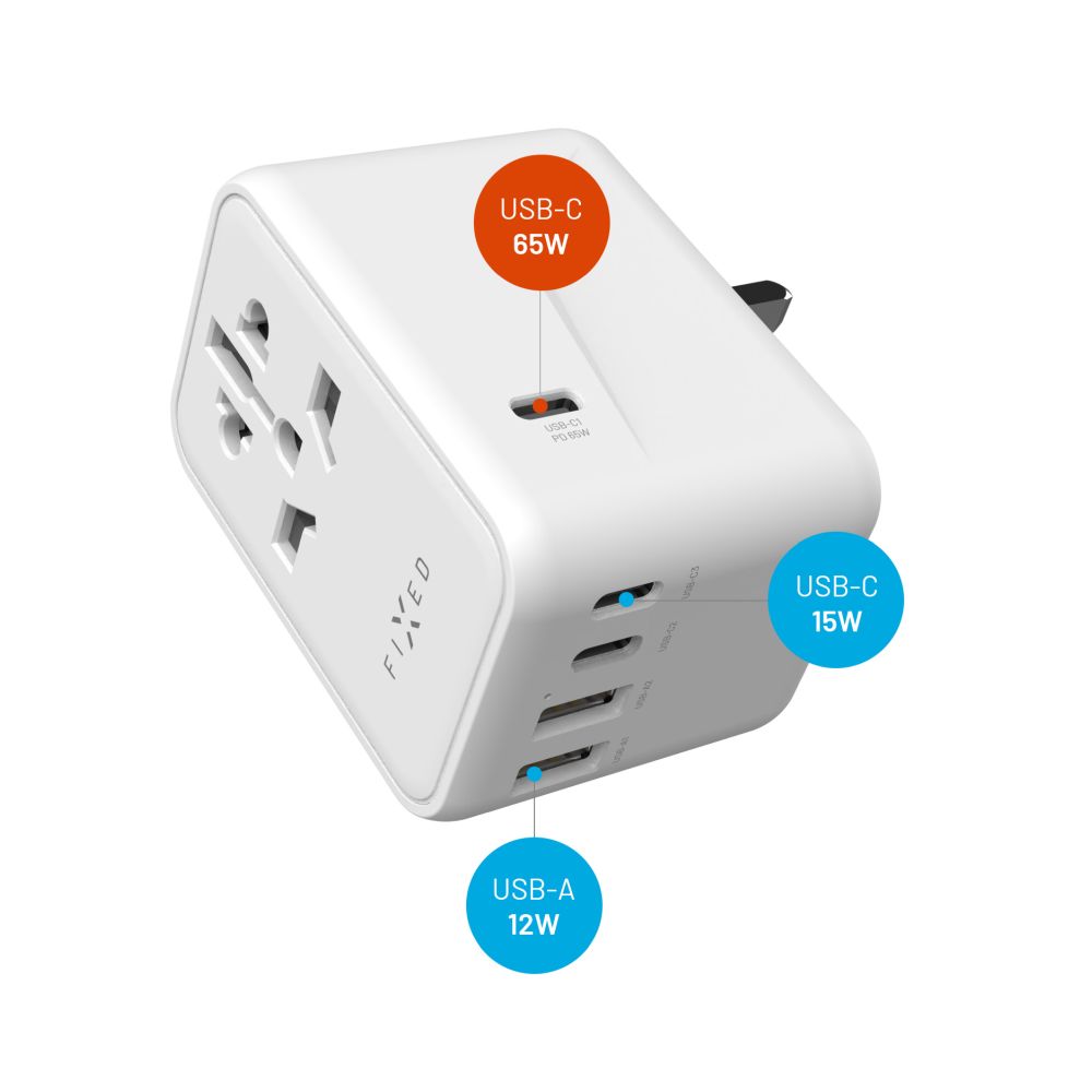 FIXED Adaptateur de voyage universel 3 x USB-C / 2 x USB 65 W GaN blanc