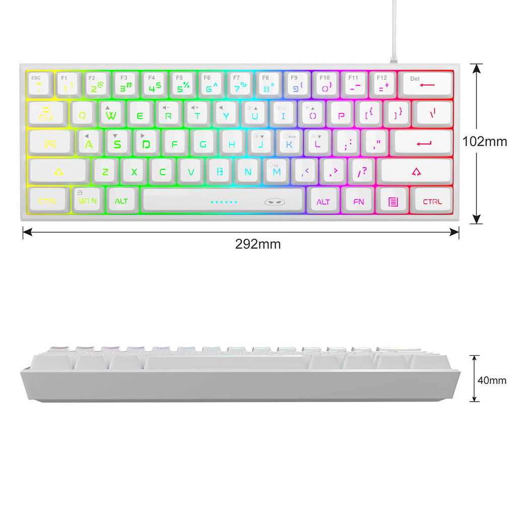 MageGee TS91 clavier de jeu filaire 60 %, disposition QWERTY US, rétroéclairage RGB, 61 touches, ultra-compact, ergonomique, étanche, à résonance mécanique, pour PC, Mac, PS4, Xbox One, gamer (Blanc)