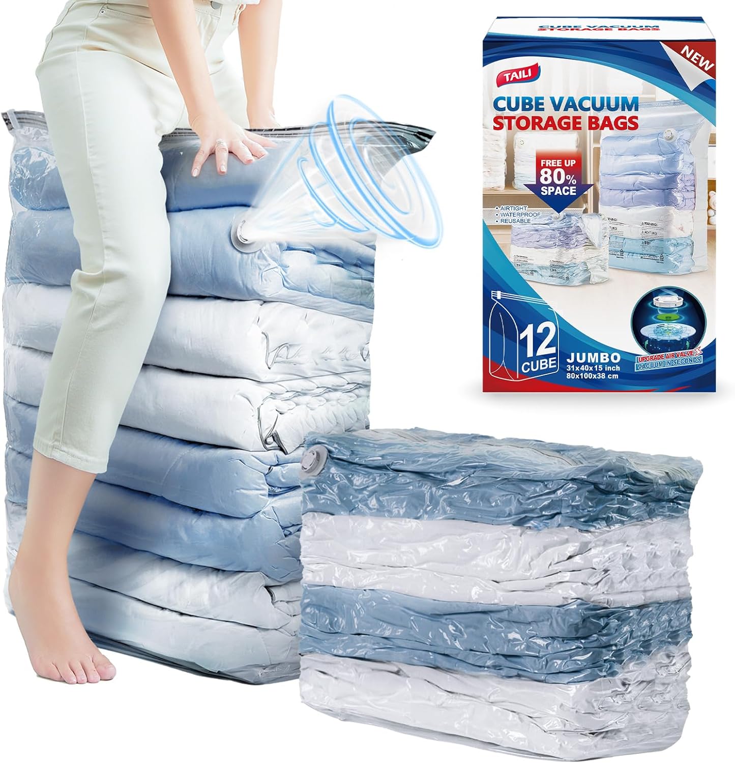 TAILI Lot de 12 grands sacs de rangement sous vide pour vêtements/couettes/couvertures - 79 x 102 x 38 cm