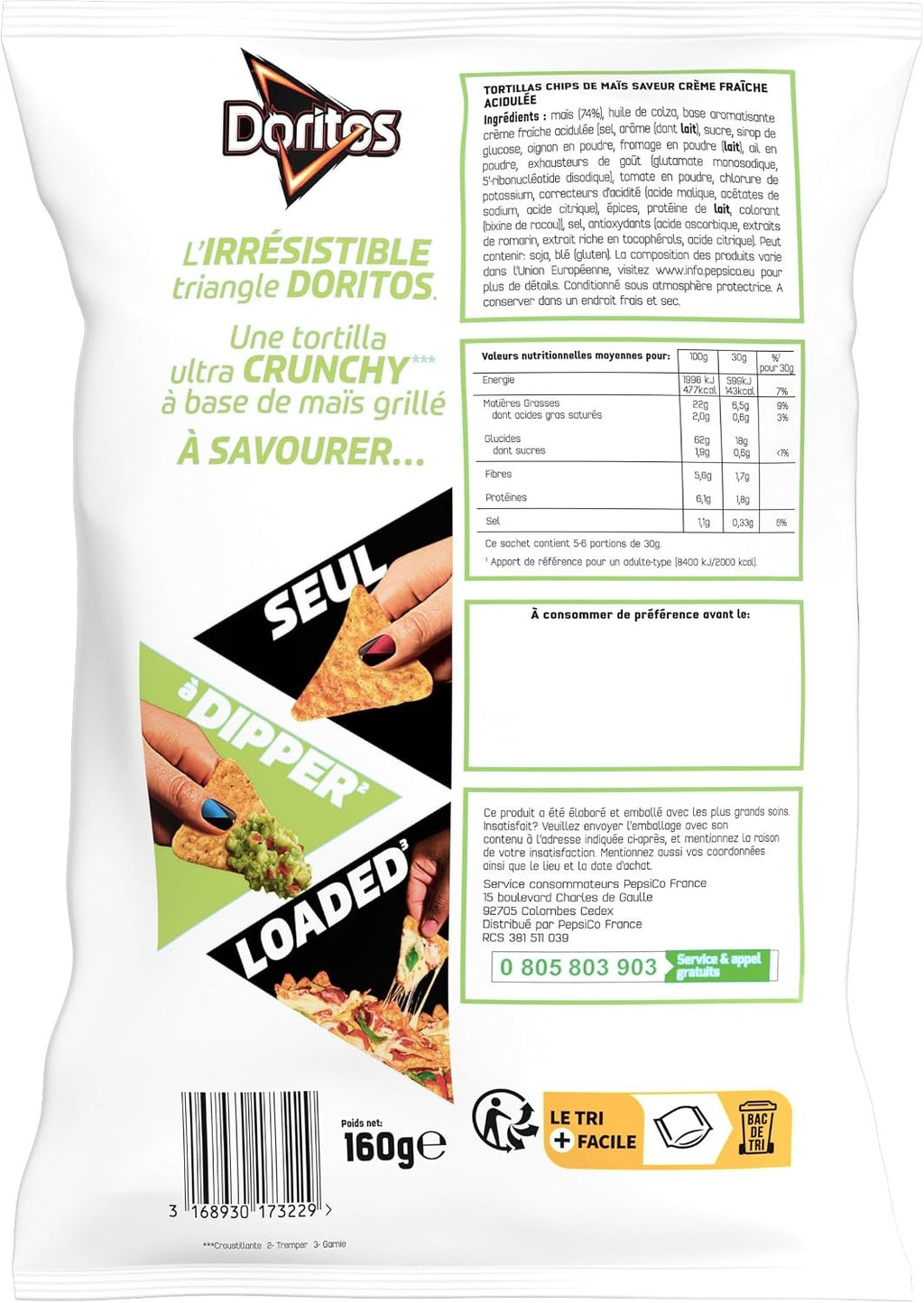Doritos Chips de Tortilla Saveur Crème Aigre, 160 g