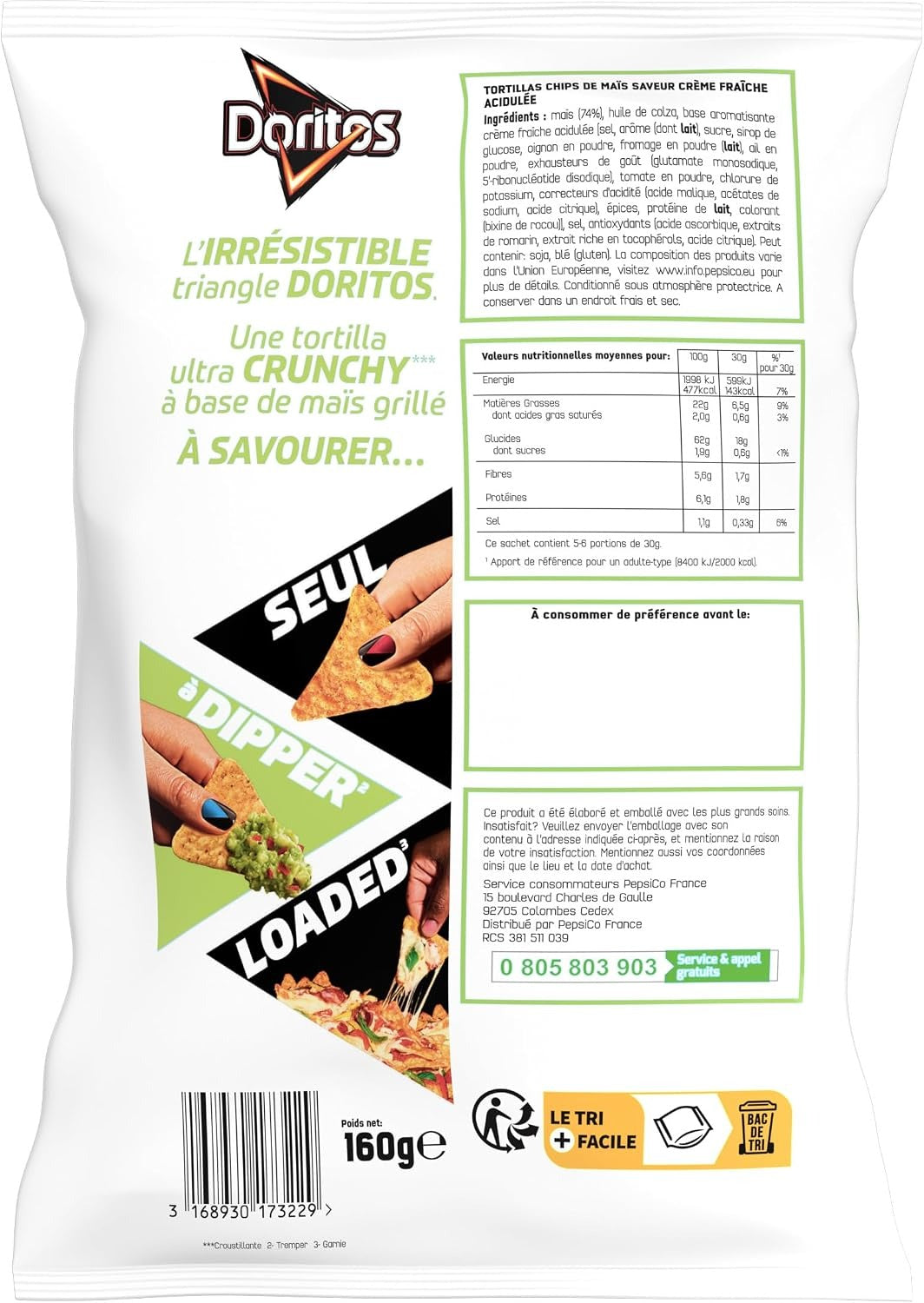 Doritos Chips de Tortilla Saveur Crème Aigre, 160 g