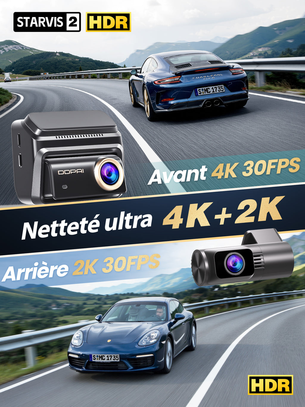 DDPAI Nouveau Z90Pro Dashcam double canal 4K + 2K Sony STARVIS 2 IMX678 HDR DVR automobile ADAS Commande vocale Mode parking Wi-Fi intégré 64 Go eMMC