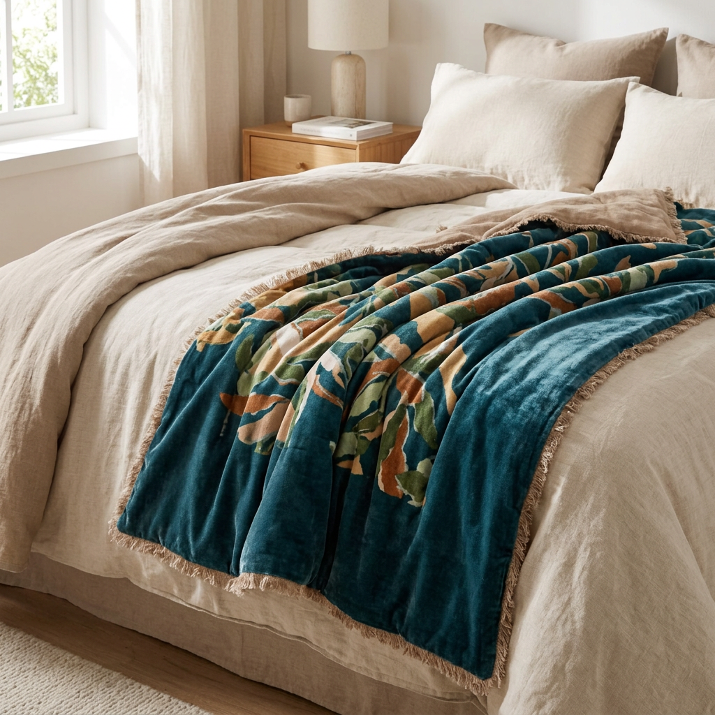 Vivara Alina Couverture imprimée en polaire de coton Bleu pétrole 85 x 200 cm