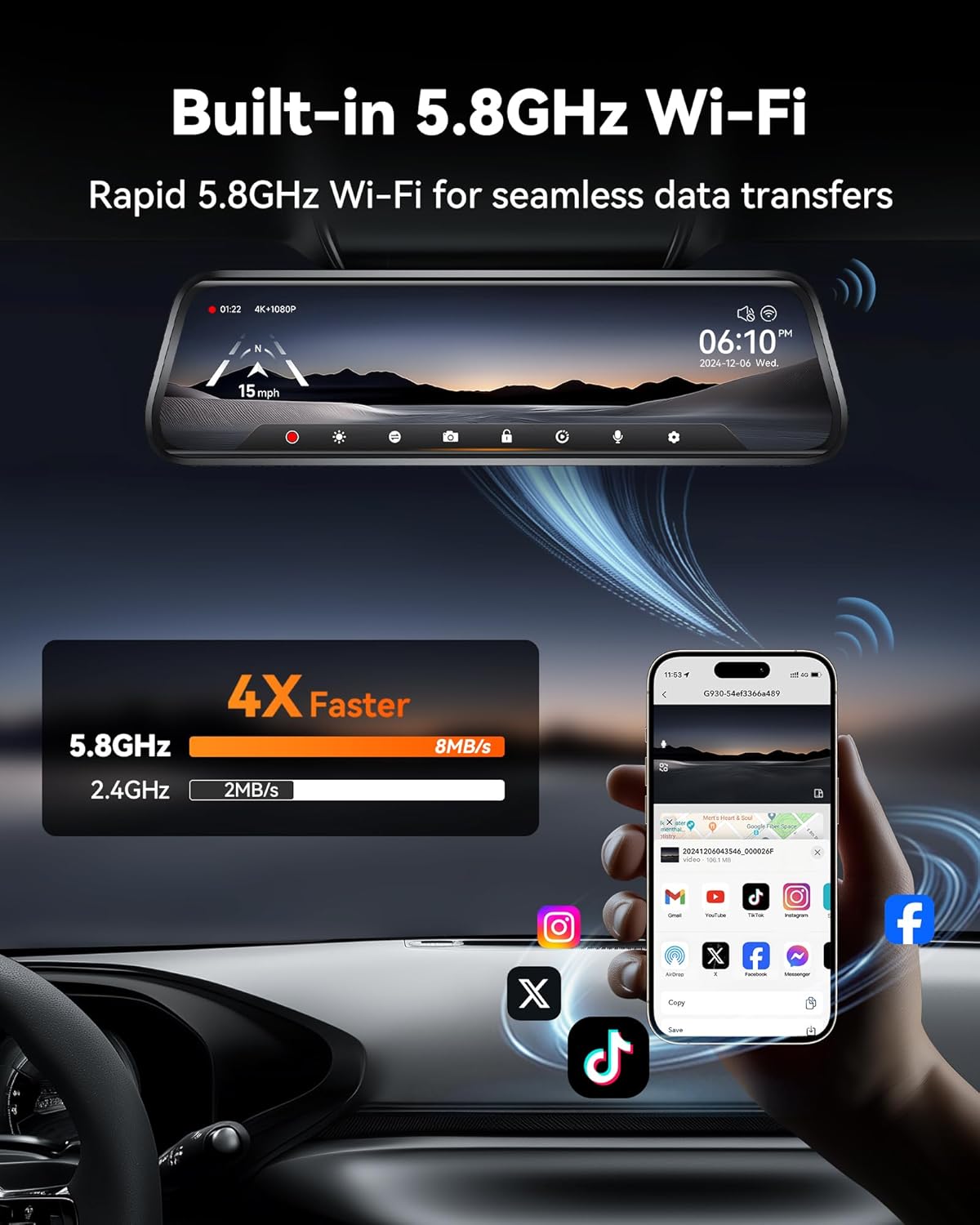 WOLFBOX G930 Caméra rétroviseur 10'' avec WiFi 5,8 GHz, Dashcam 4K avant et arrière avec WDR, Rétroviseur à écran tactile caméra de recul, Moniteur de stationnement