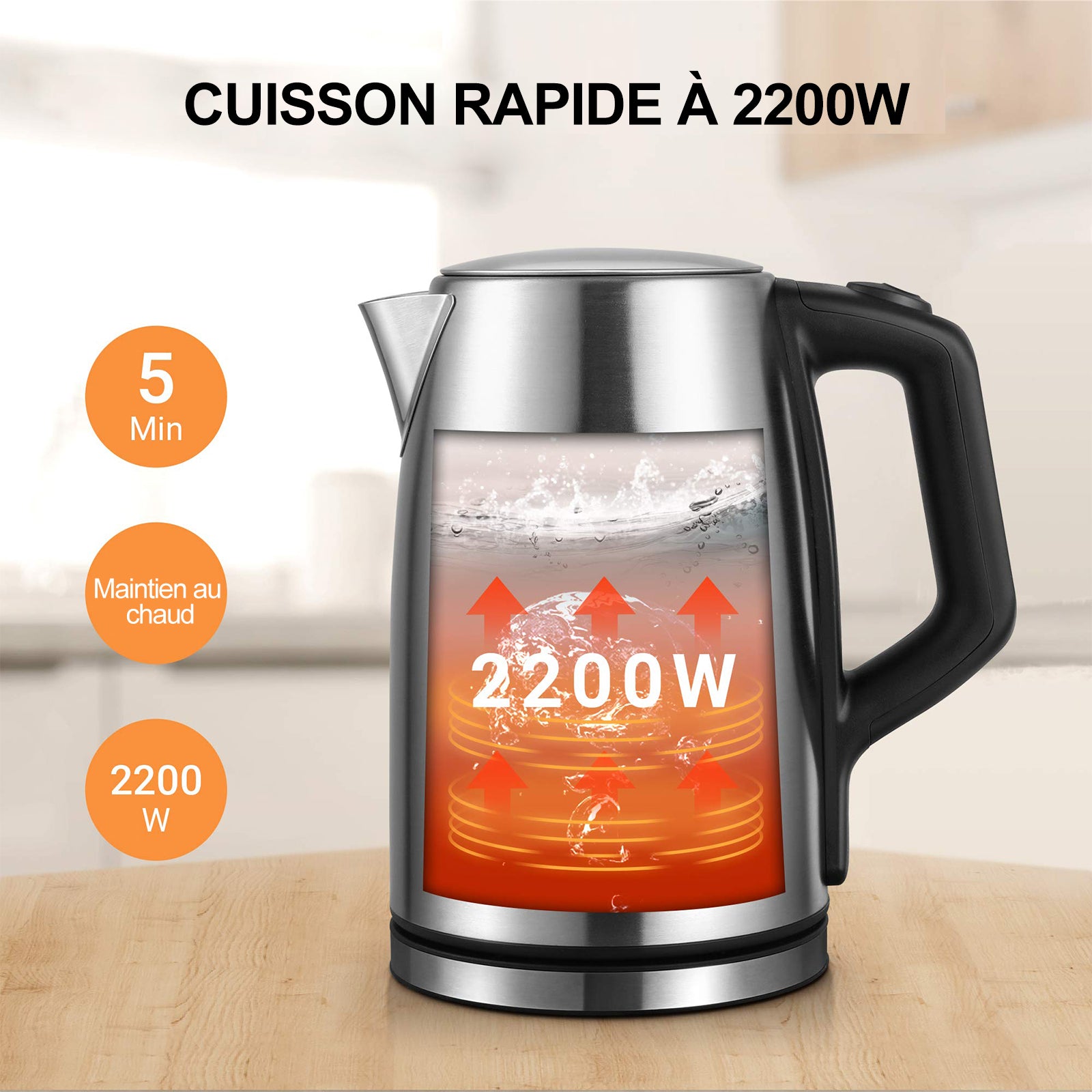 Midea Bouilloire électrique à réglage de température (40-60-70-80-90-100 °C), en acier inoxydable, 1,7 L, 2200 W, avec indicateur de niveau d’eau, fonction maintien au chaud