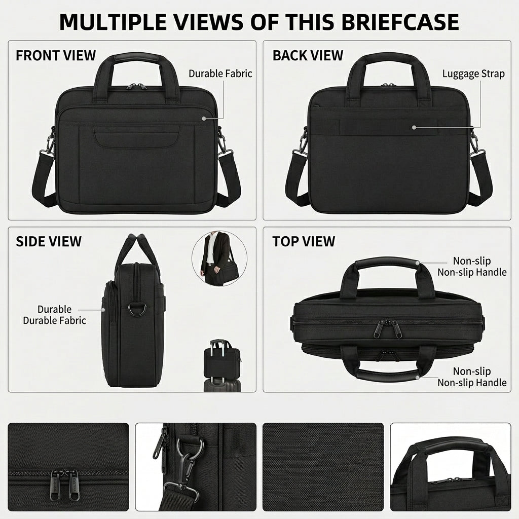 Sacoche pour ordinateur portable 15,6 pouces, porte-documents imperméable pour ordinateur portable pour hommes et femmes, grand sac messager professionnel à bandoulière pour ordinateur, Noir