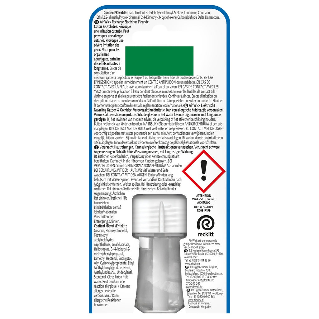 Air-wick Recharge à brancher électrique, Fleur de coton & orchidée, Jusqu'à 120 jours, 19 ml